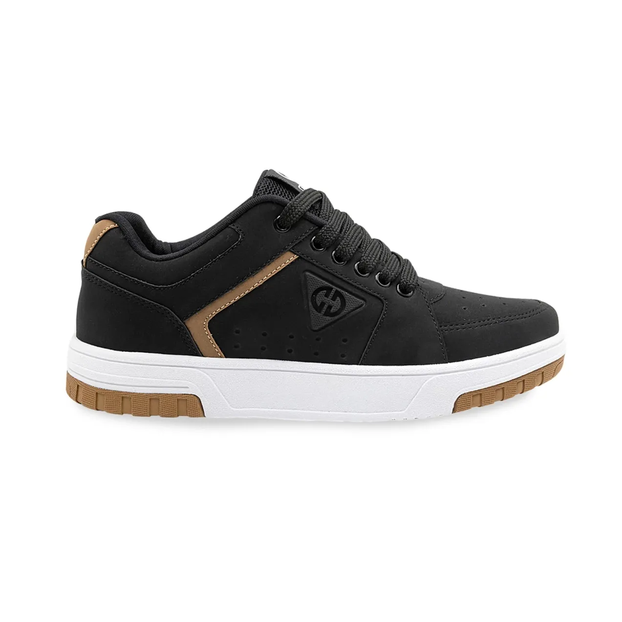 Tênis infantil masculino Ollie Volt 2 preto mostrado de lado com detalhes em marrom e sola branca